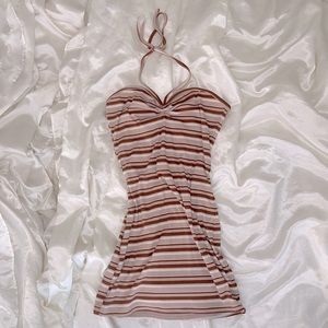Thrifted Sun Dress, Mini beach dress Striped Tan and Cream
